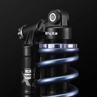 RFloXa RAB53RV rear shock external reservoir and blue coil spring, side detail