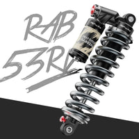 RFloXa RAB53RV rear shock with silver coil spring, angled view
