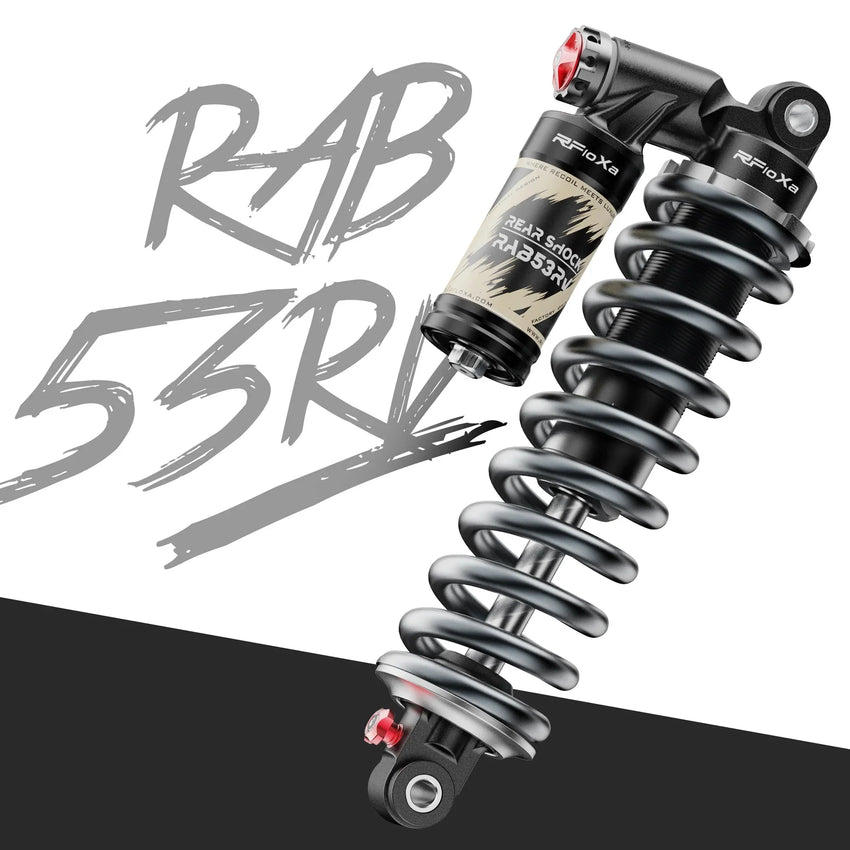 RFloXa RAB53RV rear shock with silver coil spring, angled view