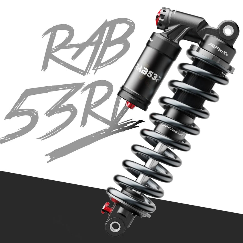 RFloXa RAB53RV rear shock with reservoir, angled hero view