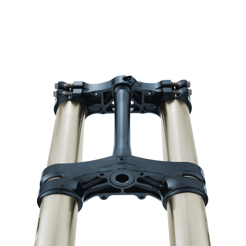 RFloXa Ultra43 front fork black triple clamps and upper tubes, front view