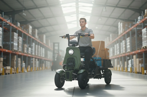 Rider hauling boxes on an Eunorau S1000 utility quad in a warehouse