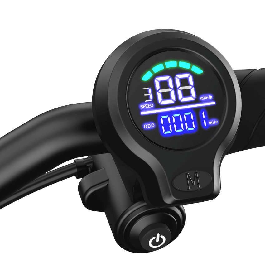 Freego F12 electric scooter LED display and power button close-up