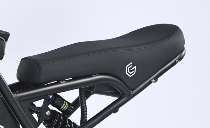 GhostCat Stock Seat, black saddle with GhostCat logo mounted on the frame