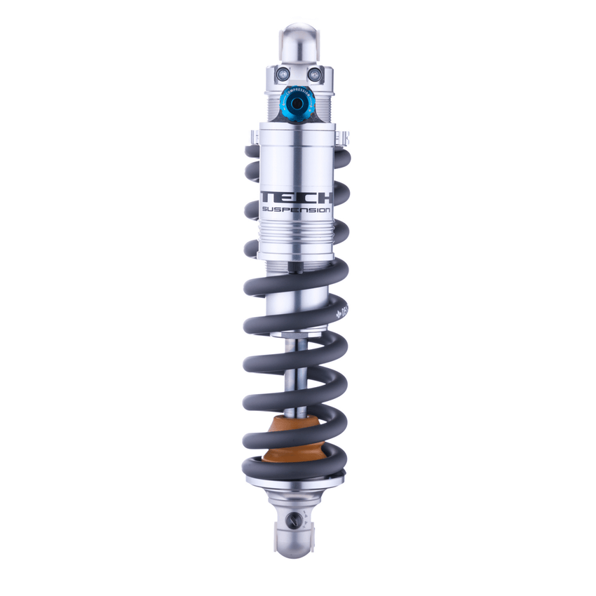 Formula TECH ER30 rear shock straight-on front view with coil spring and blue rebound knob
